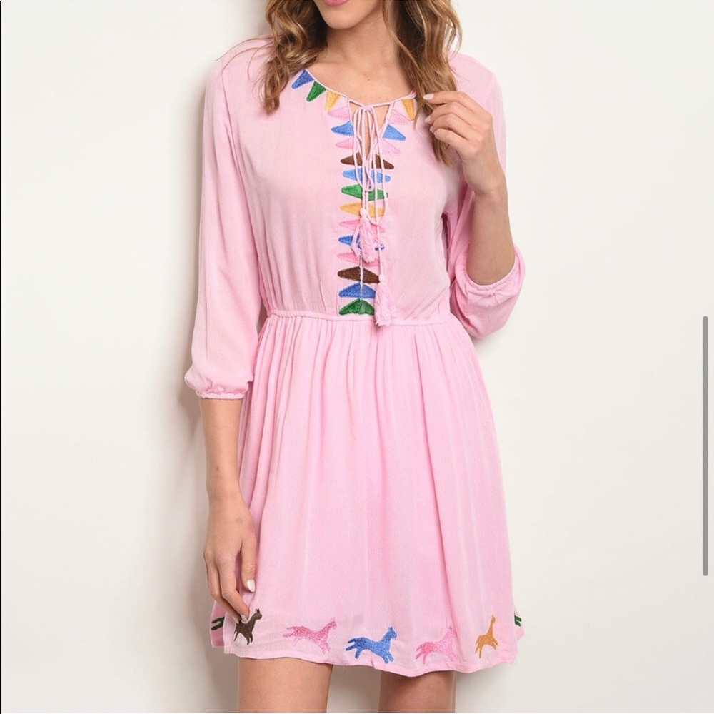 Pink off shoulder embroidered tunic dress - Picture 4 of 5
